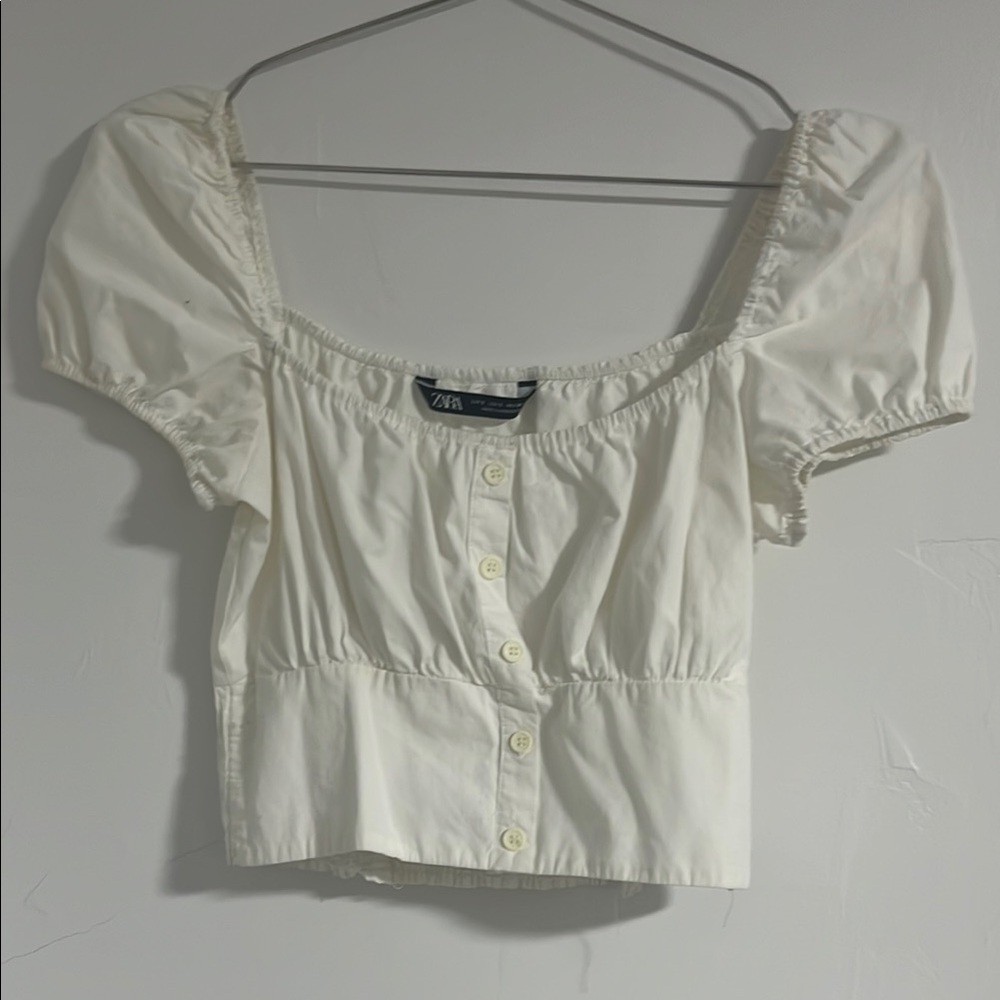 Zara White Puff Sleeve Button-Up Top